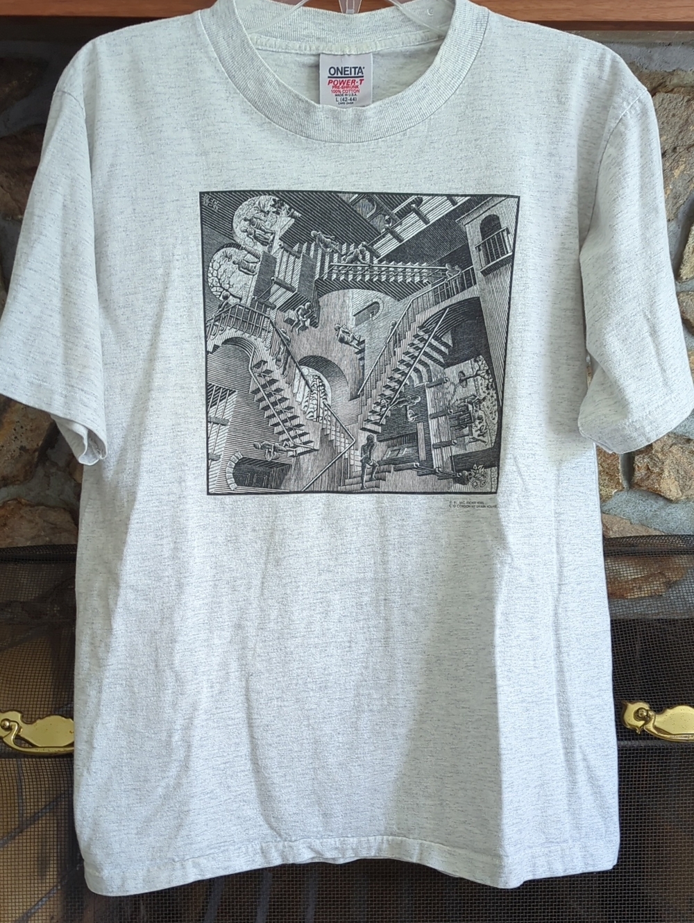 1991 Oneita M.C. Escher Relativity Stairs Single Stitch Gray Tee